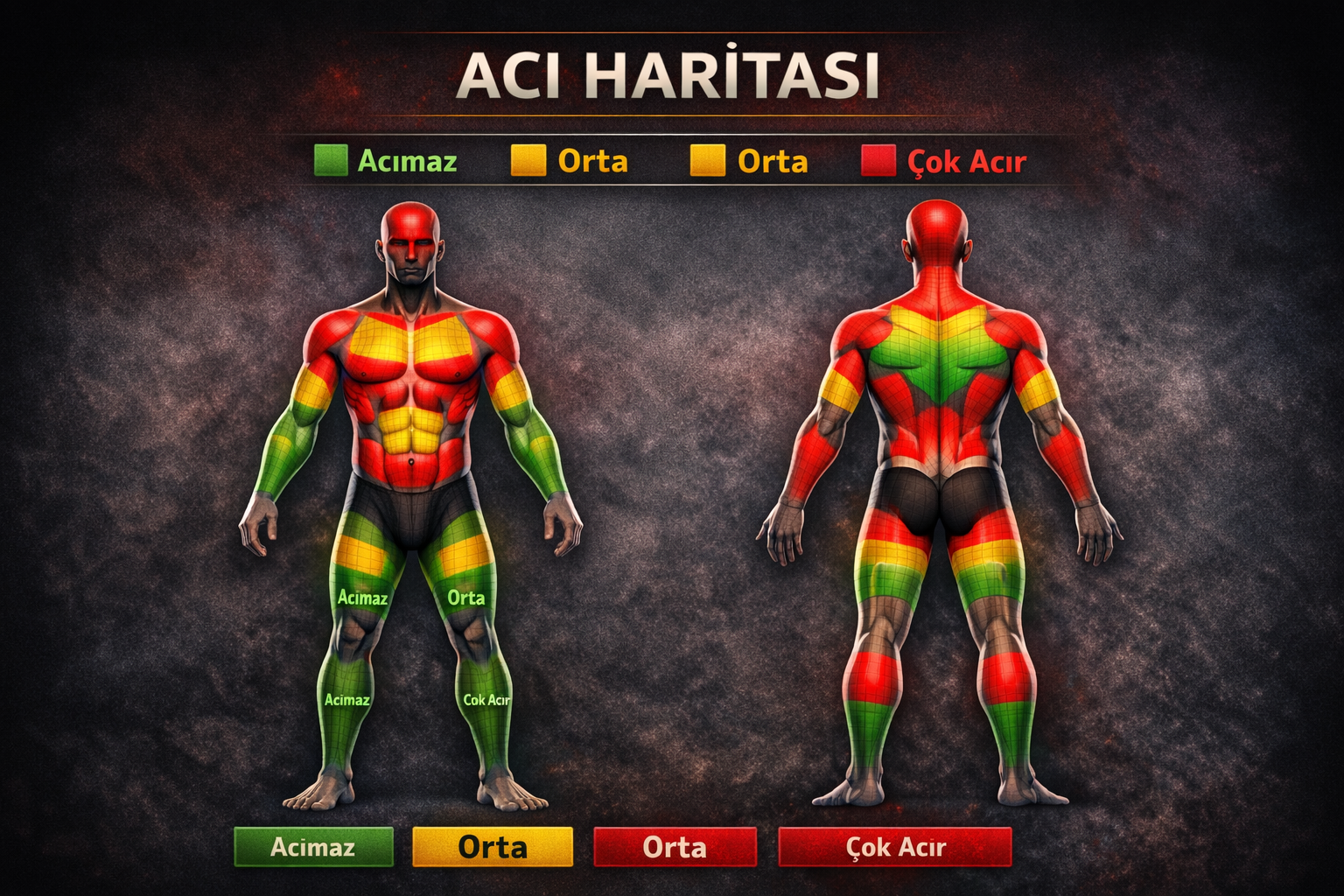 Vücut bölgelerine göre yaklaşık dövme hassasiyet haritası